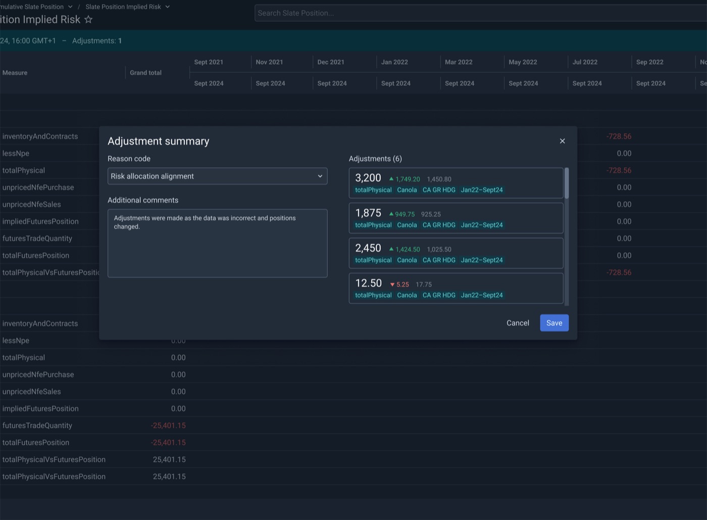 Adjustment summary dialog with reason code and comments