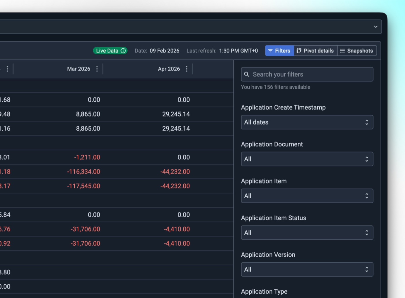 Filters panel with searchable report filters
