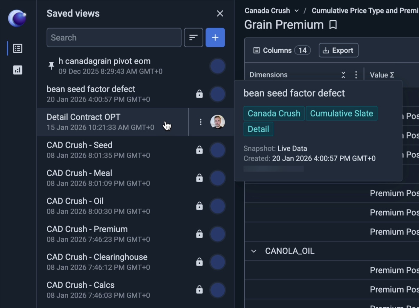 Saved views panel with pinned and locked views and a hover preview