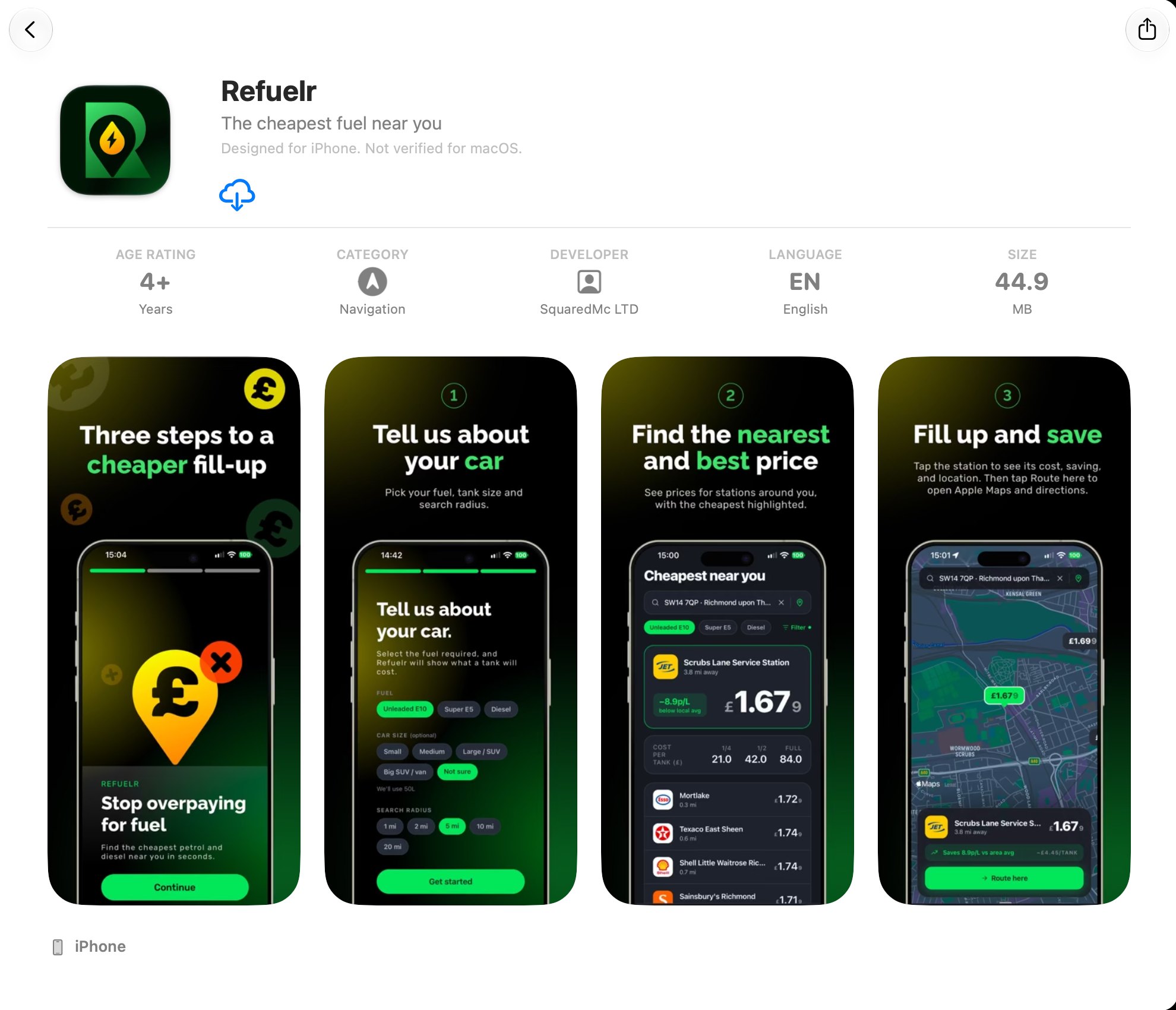 Refuelr’s App Store listing: ‘The cheapest fuel near you’, with four screenshots of the three-step setup