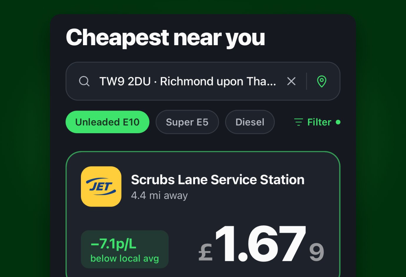 Cheapest near you: Scrubs Lane Service Station at £1.679 in the hero card