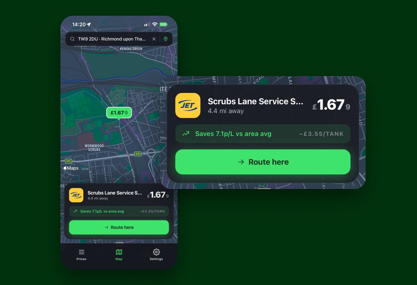 Map view opened on the cheapest station with a Route here button