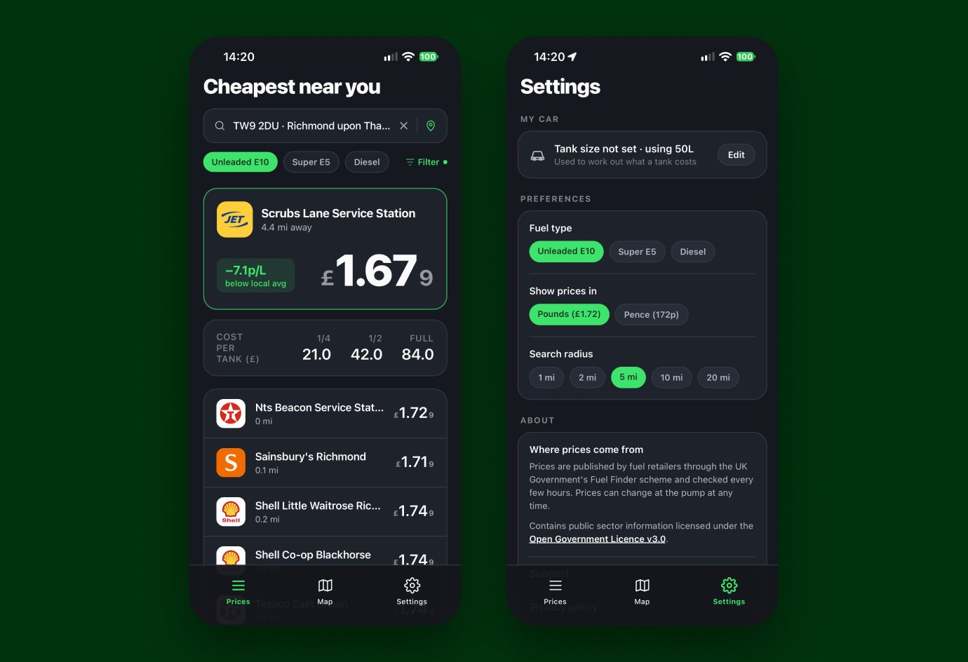 Station list and settings with fuel type, price display and search radius