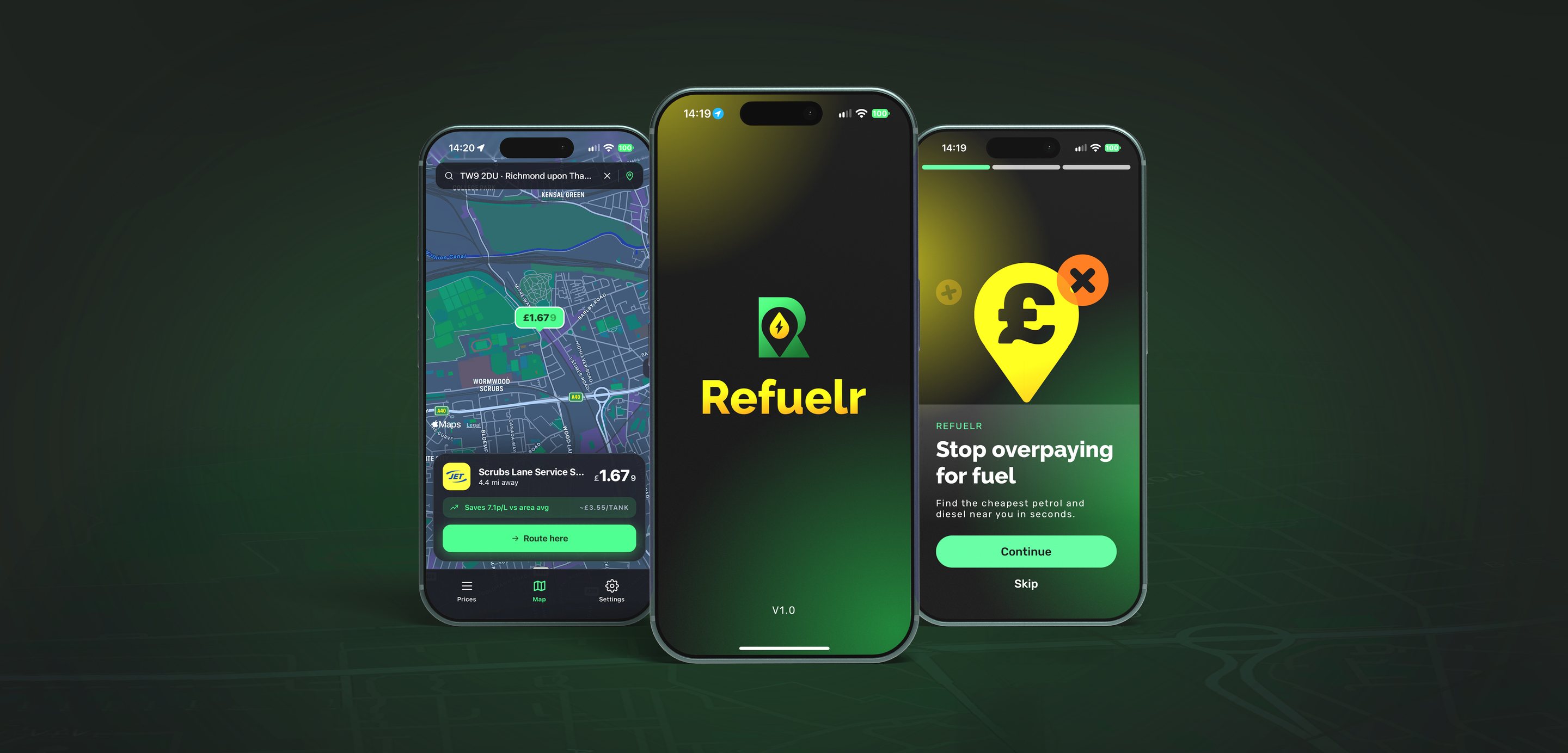 Three iPhones showing Refuelr: the map with the cheapest station, the splash screen, and the onboarding screen