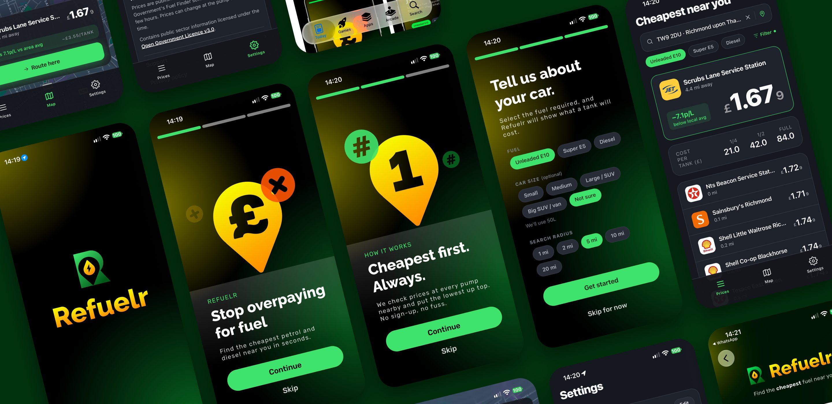 A wall of Refuelr screens: splash, onboarding, car setup, cheapest-near-you list and settings